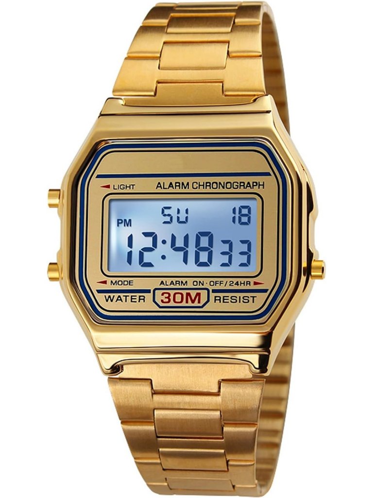 Mens Gold Stainless Steel Digital Watch  Waterproof Sport Stopwatch  Alarm